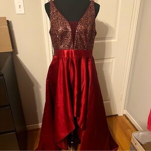 Red/Gold Sequin V-Neck A-line High-Low Satin Dress